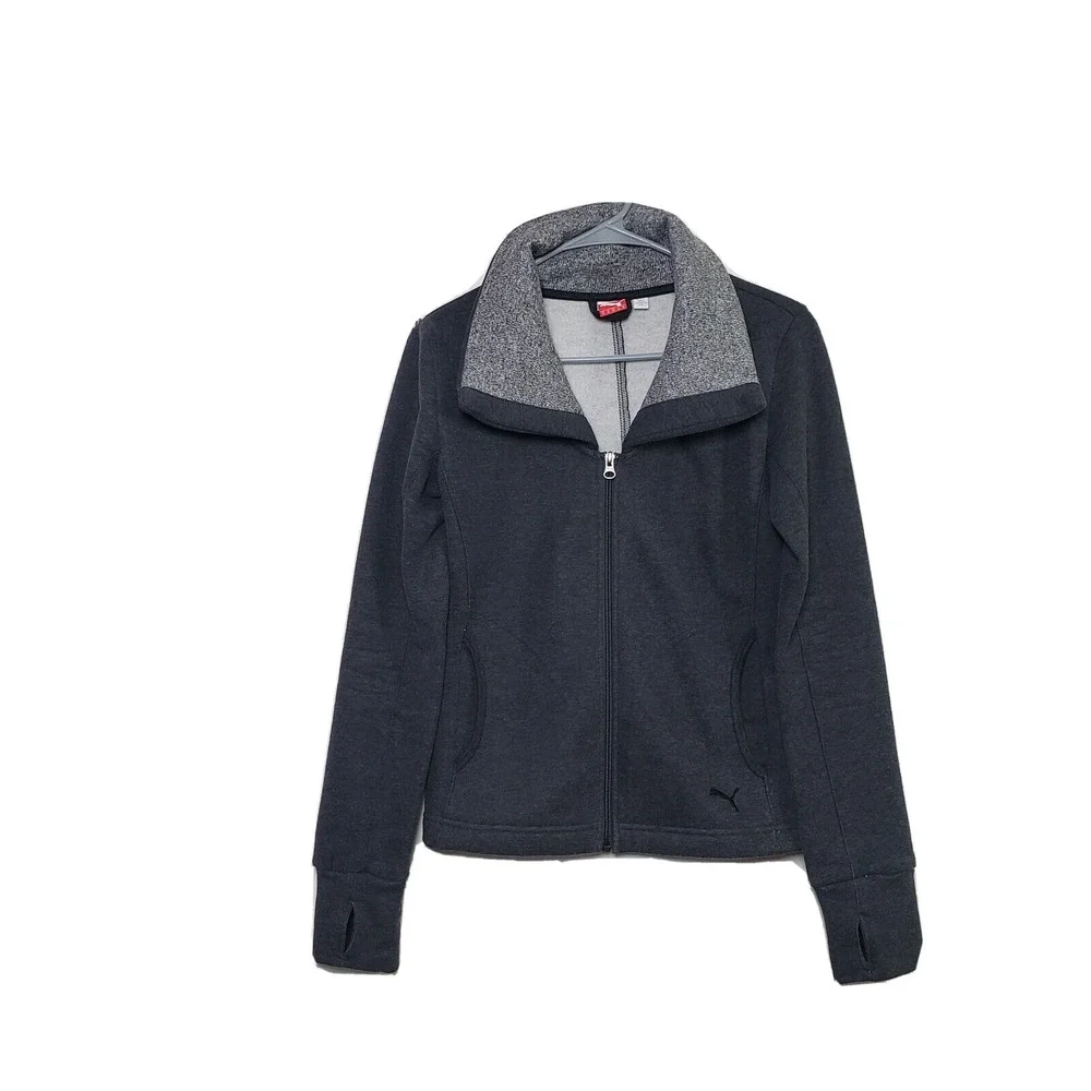 Puma Women's XS Gray Collar Full Zip Pockets Thumbhole Fleece Fitted Cozy Jacket - Picture 1 of 14